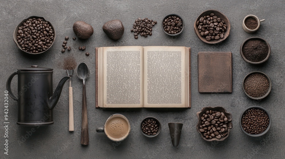Aromatic Coffee Bliss: Creative Still Life with Brewing Tools, Beans, and Recipe Book for Coffee Enthusiasts, Generative Ai Aromatic Coffee Bliss: Creative Still Life with Brewing Tools, Beans, and Recipe Book for Coffee Enthusiasts, Generative Ai