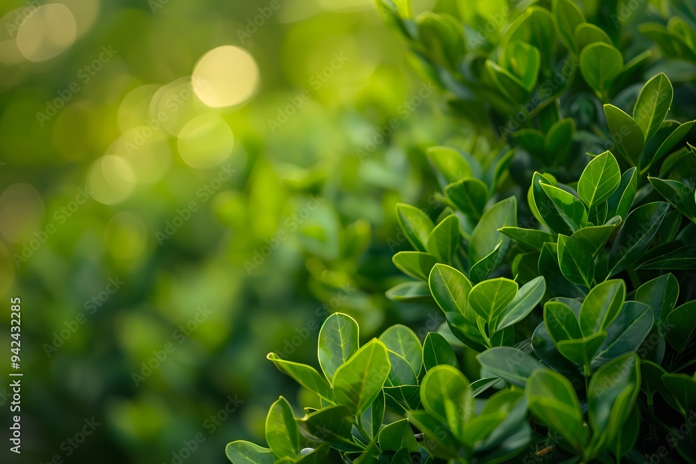Close up of green leaves on a boxwood tree in a blurred garden background. High quality photo at a high resolution Close up of green leaves on a boxwood tree in a blurred garden background. High quality photo at a high resolution