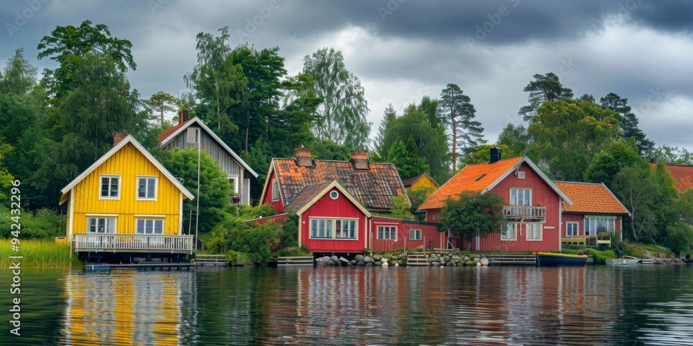 Row of colorful wooden vacation home reflected in a pond at recreation park in the middle of nature in the Netherlands Row of colorful wooden vacation home reflected in a pond at recreation park in the middle of nature in the Netherlands