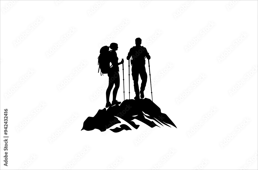 Hiking minimalist and simple silhouette vector illustration. Hiking Silhouette vector on white background. Hiking minimalist and simple silhouette vector illustration. Hiking Silhouette vector on white background.