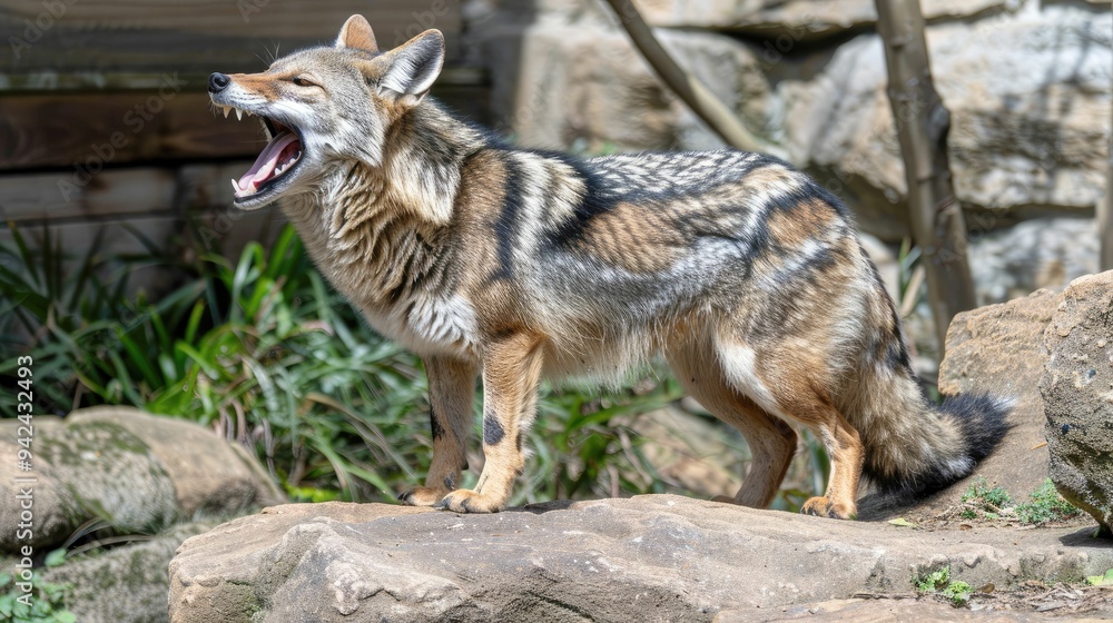Obraz premium A Black-backed Jackal Yawning on a Rock