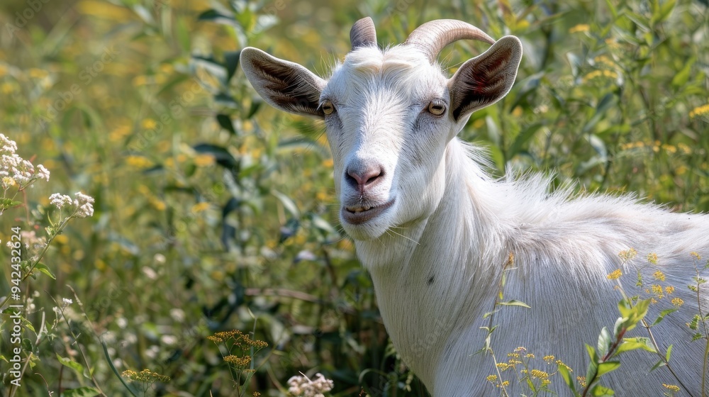 Photograph of a white goat in natural background