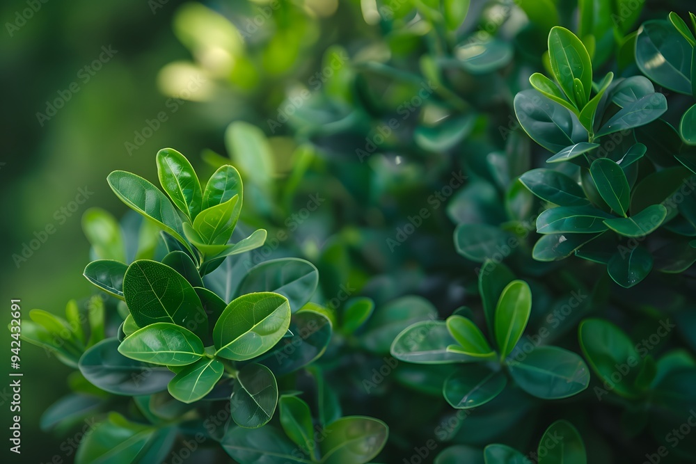 Close up of green leaves on a boxwood tree in a blurred garden background. High quality photo at a high resolution Close up of green leaves on a boxwood tree in a blurred garden background. High quality photo at a high resolution