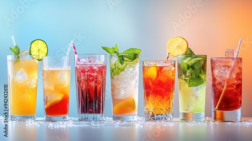 Colorful Array of Various Alcoholic and Non-Alcoholic Cocktails in Glasses