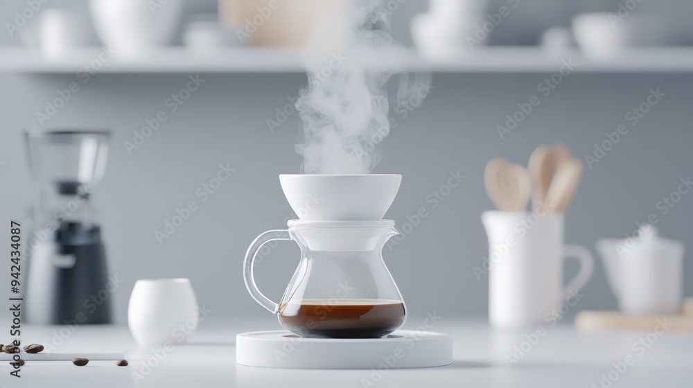 Serene Pour-Over Coffee Ritual in a Minimalist Scandinavian Kitchen with Soft Morning Light and Rising Steam, Focus on Process, Generative Ai Serene Pour-Over Coffee Ritual in a Minimalist Scandinavian Kitchen with Soft Morning Light and Rising Steam, Focus on Process, Generative Ai