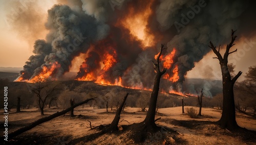 Infernal heat. Wildfire flames raging intensely, thick smoke rising, generating overwhelming heat engulfing landscape. Realistic style. photo