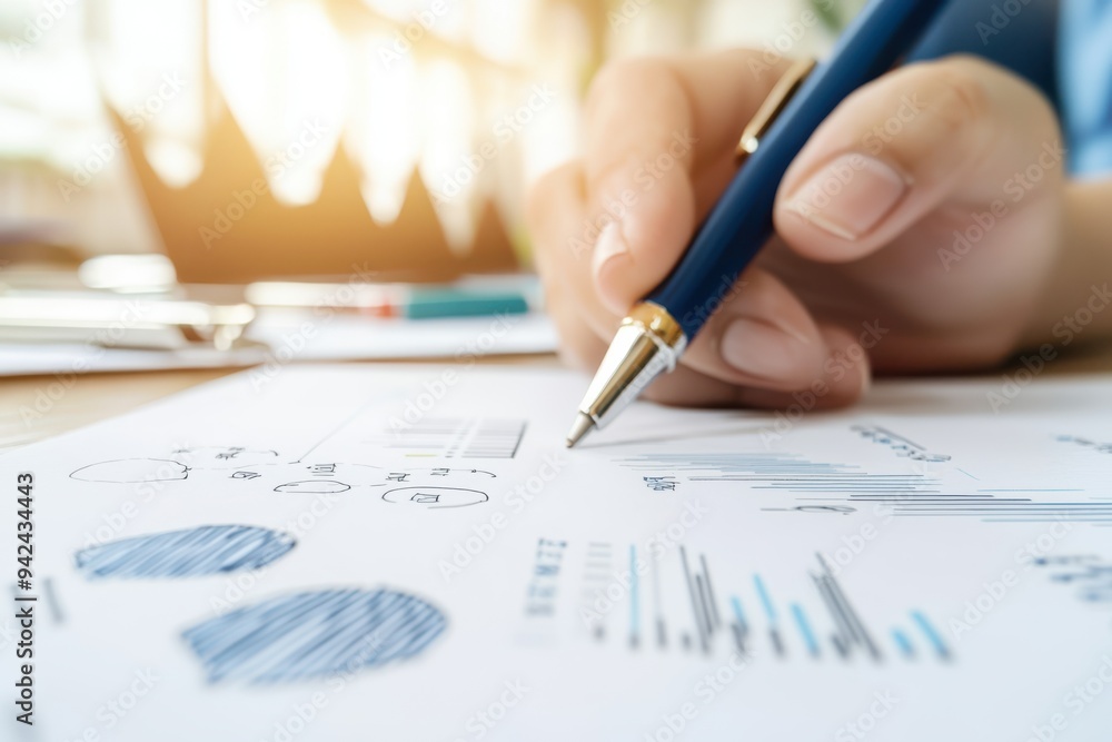 A close-up of a hand holding a pen, analyzing charts and graphs on paper, ideal for business and finance themes. A close-up of a hand holding a pen, analyzing charts and graphs on paper, ideal for business and finance themes.
