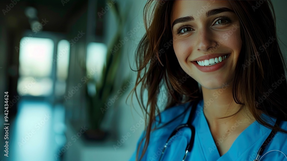 Fototapeta premium Smiling Female Doctor Wearing Scrubs and Stethoscope