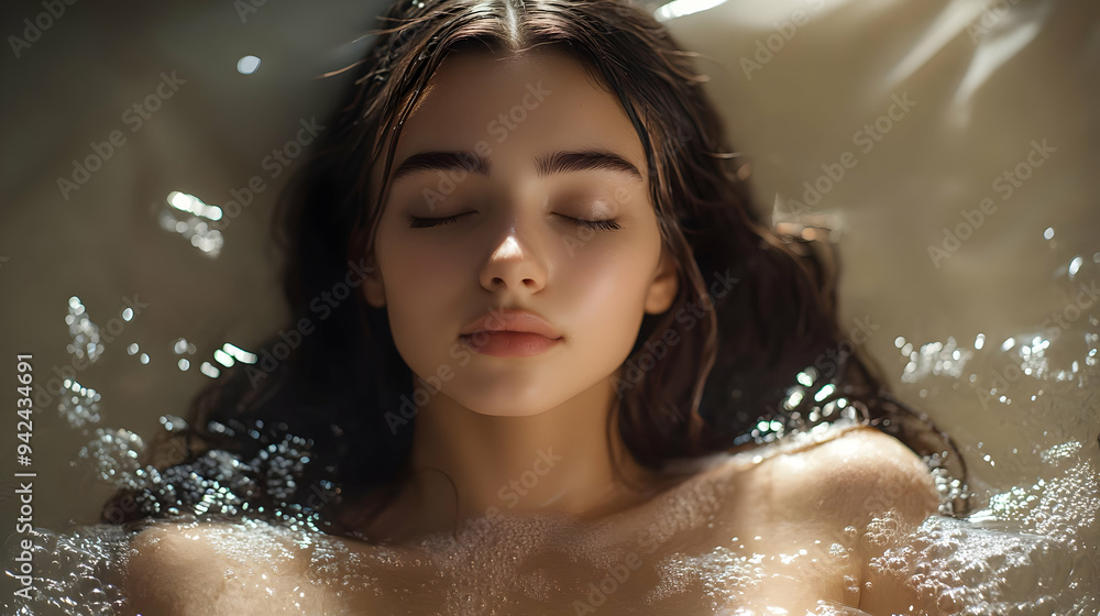 A beautiful woman with long dark hair and closed eyes, relaxes in a bath of bubbles. A beautiful woman with long dark hair and closed eyes, relaxes in a bath of bubbles.