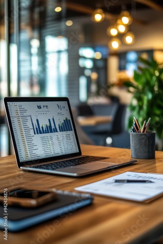 Wallpaper Mural A modern workspace featuring a laptop displaying data analysis charts, a notepad, and a plant for a fresh touch. Torontodigital.ca