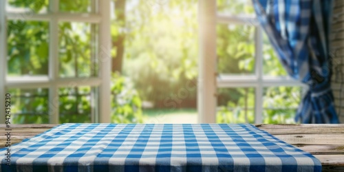 A blue-checkered tablecloth on a wooden surface with a soft green bokeh from a kitchen window in the background, capturing the essence of summer and picnics, tailored for showcasing food