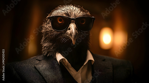 A bird in a suit and sunglasses looking straight at the camera. photo