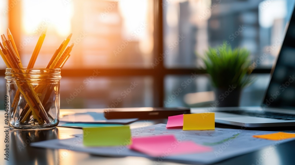 An organized workspace with a laptop, sticky notes, and a jar of pencils, illuminated by warm sunlight for a productive atmosphere. An organized workspace with a laptop, sticky notes, and a jar of pencils, illuminated by warm sunlight for a productive atmosphere.