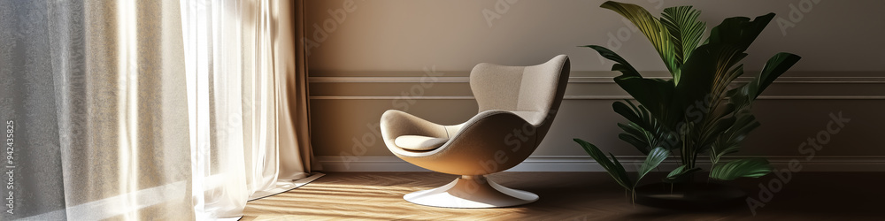 Fototapeta premium A serene corner featuring a modern armchair and plant, ideal for relaxation and contemporary home decor.