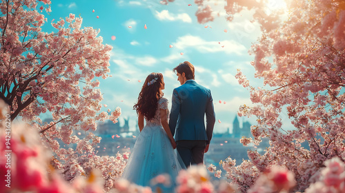 A bride and groom stand und...