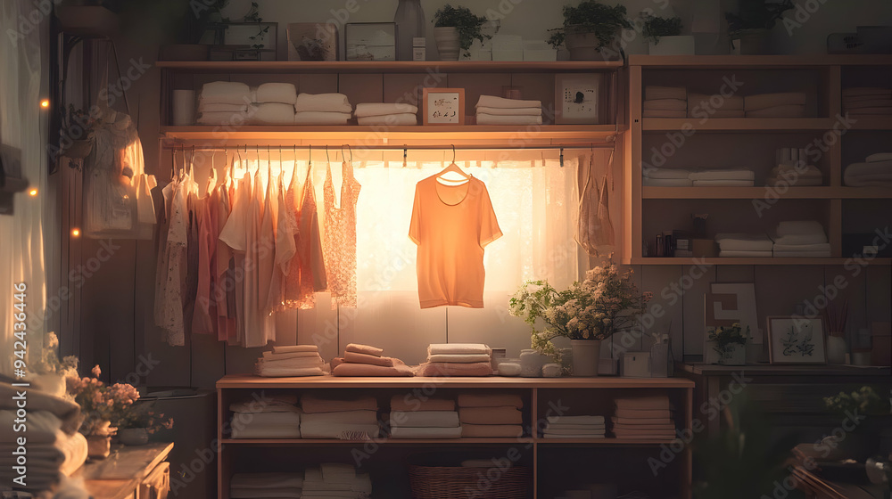 A bright, minimalist closet with a yellow t-shirt hanging on a hanger in front of a window. A bright, minimalist closet with a yellow t-shirt hanging on a hanger in front of a window.