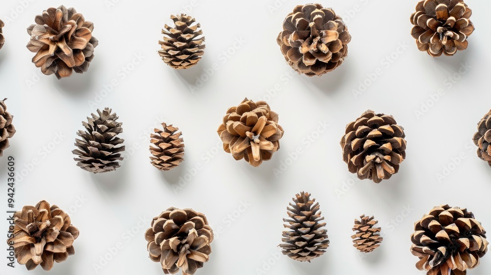Pine cones dried design on white backdrop Pine cones dried design on white backdrop