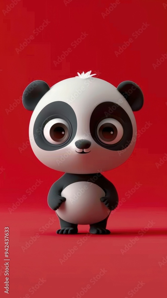 Cartoon Panda with Big Eyes and a Smile Standing on a Red Background Cartoon Panda with Big Eyes and a Smile Standing on a Red Background