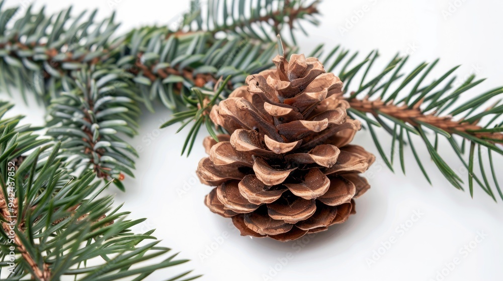 Pinecone on white background with branches and needles Pinecone on white background with branches and needles