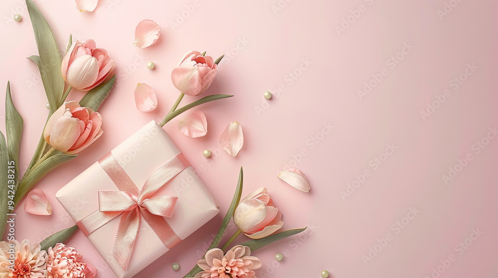 Gift on pink background with copy space. Template for poster, postcard, banner, presentation, and text. Gift on pink background with copy space. Template for poster, postcard, banner, presentation, and text.