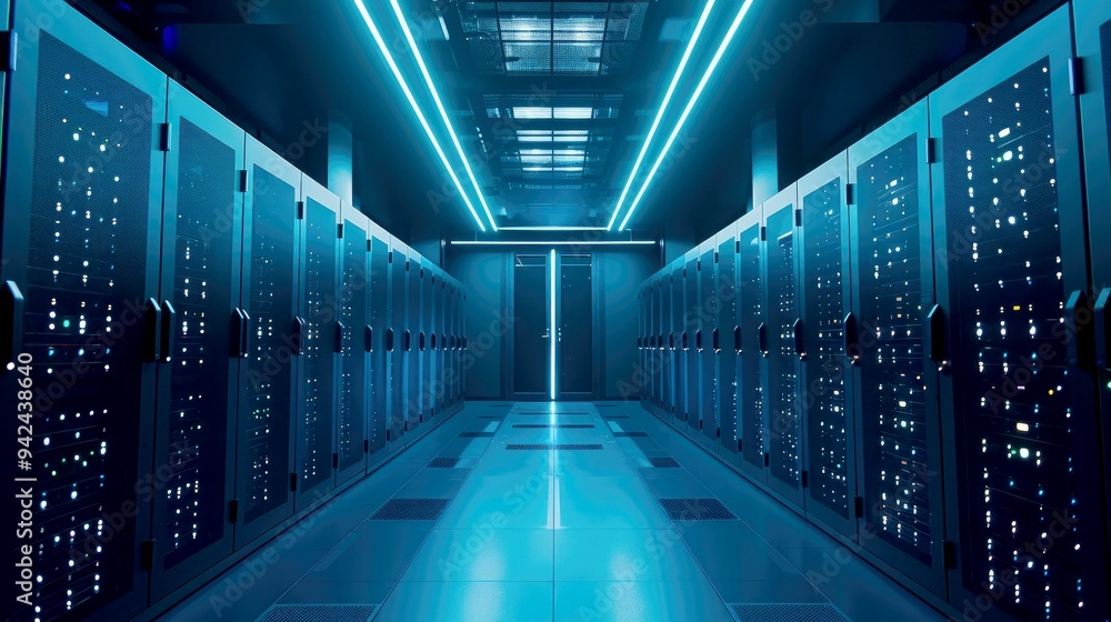 Rows of illuminated server racks in a data center Rows of illuminated server racks in a data center