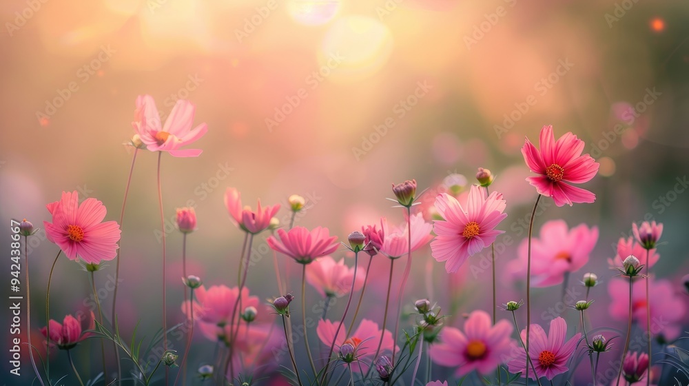 Obraz premium Pink and red cosmos flowers garden with blurred background