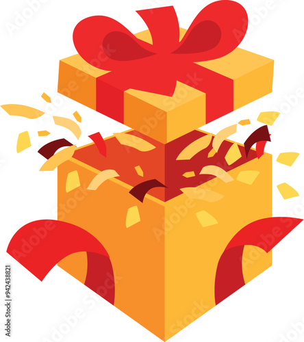 Open gift box is exploding with confetti and ribbon