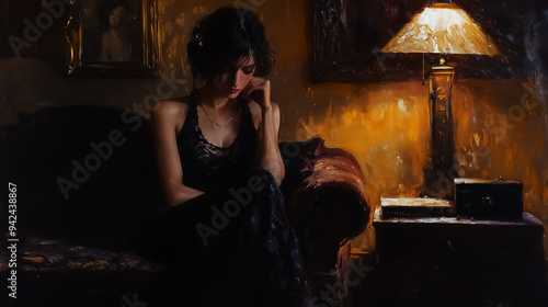 impressionist oil painting for a contemplative woman in dark clothing, seated in a softly lit room, ideal for themes of solitude and introspection in artistic design.