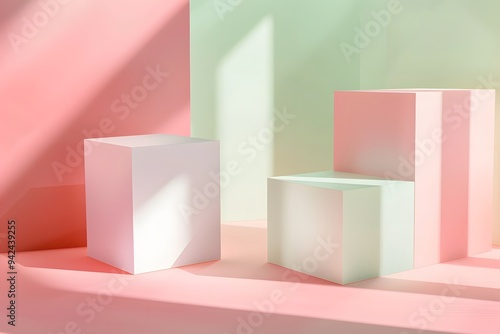 A minimalist stage design style background with light pink and green as the main colors, featuring two square-shaped boxes placed on an open space. The left side of one box is filled with white paper,