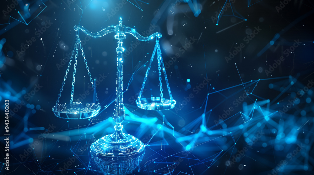 Digital scales of justice symbolizing law and fairness in a futuristic interface Digital scales of justice symbolizing law and fairness in a futuristic interface