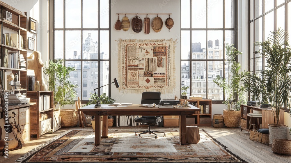 Modern Boho Home Office Design with City View Wooden Desk and Plants Modern Boho Home Office Design with City View Wooden Desk and Plants