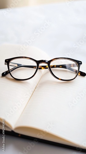 Stylish glasses resting on an open notebook, perfect for studying or creative writing. A blend of elegance and functionality.