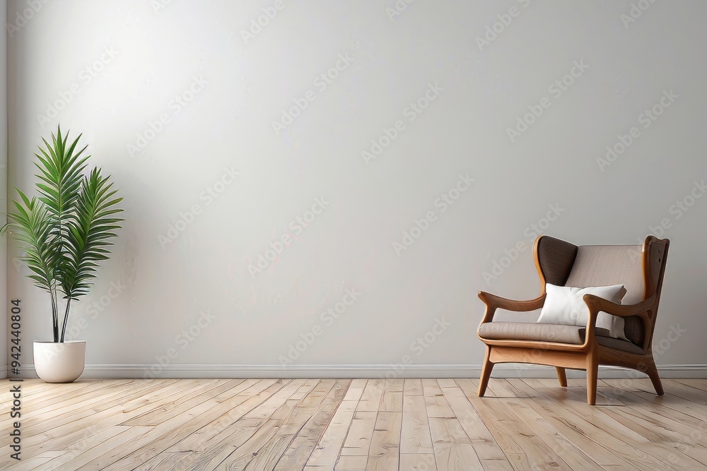A Single Armchair In a Minimalist Room With a Plant A Single Armchair In a Minimalist Room With a Plant