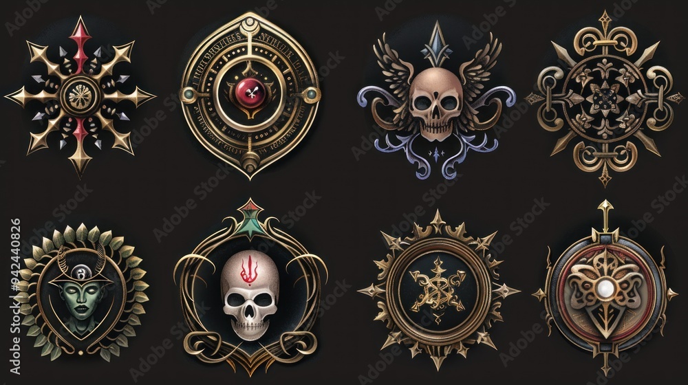 Ornate Golden Emblems with Symbols and Skulls. Ornate Golden Emblems with Symbols and Skulls.