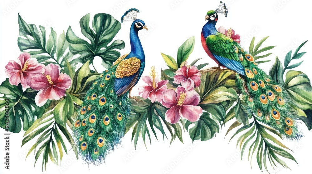 Fototapeta Watercolor illustration featuring peacock and parrot among tropical leaves and flowers isolated on a white background