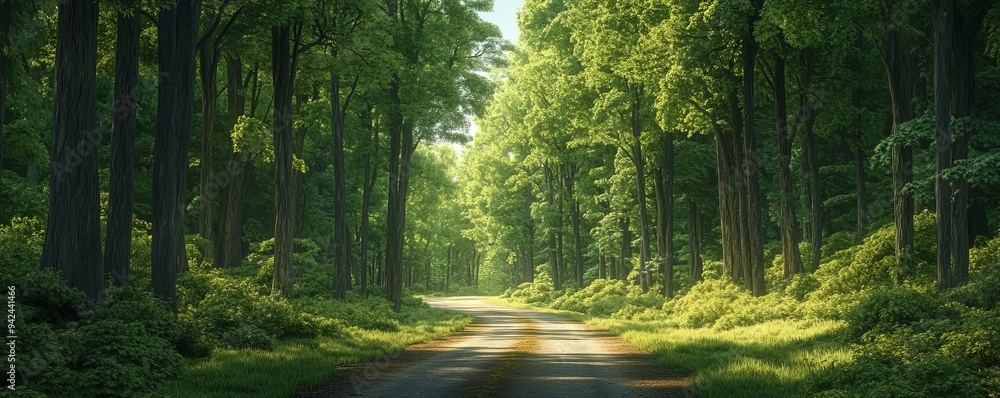 Obraz premium Dense forest road with towering trees and dappled sunlight, wilderness path