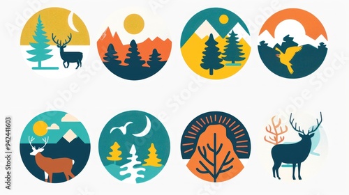 Nature Icons Set Deer Sun Moon Mountains.