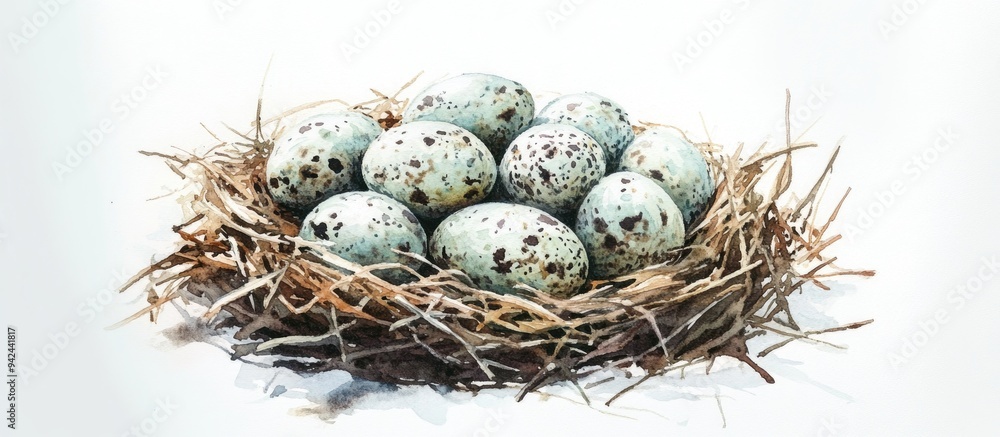 Watercolor depiction of quail eggs nestled in a nest against a white backdrop Watercolor depiction of quail eggs nestled in a nest against a white backdrop