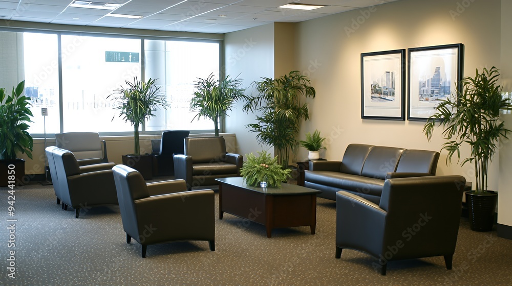 Fototapeta premium A modern office waiting area with comfortable seating and indoor plants.