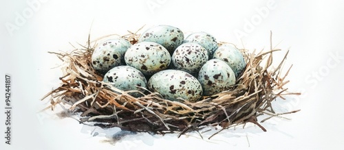 Watercolor depiction of quail eggs nestled in a nest against a white backdrop