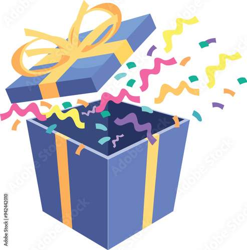 Blue gift box is opening and exploding with colorful confetti