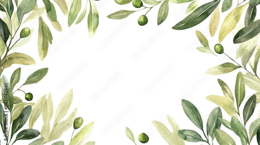 Watercolor frame featuring olive branches and leaves Watercolor frame featuring olive branches and leaves