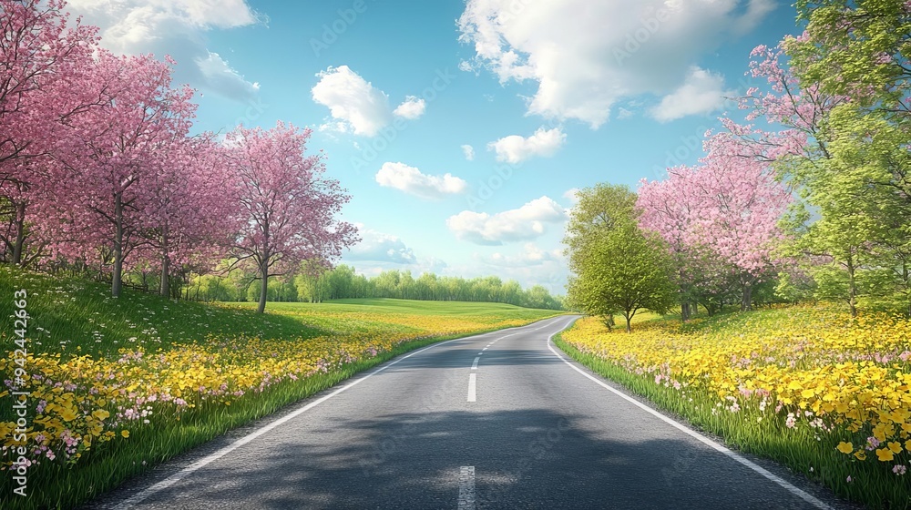Fototapeta premium Picturesque countryside road lined with blooming spring flowers, pastoral scene