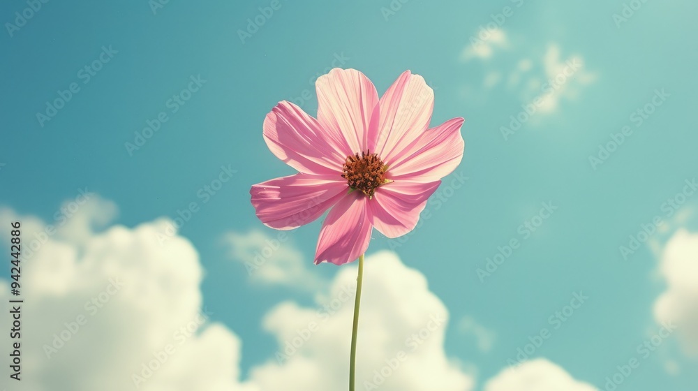 Pink Cosmos Flower Against Blue Sky