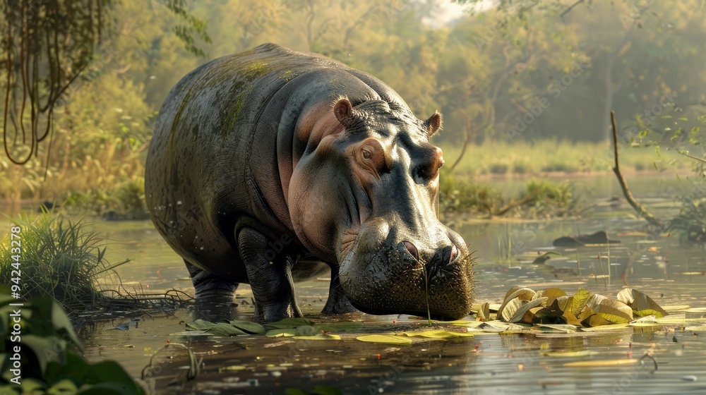 Naklejka premium Hippopotamus Wading in a Swampy Pond