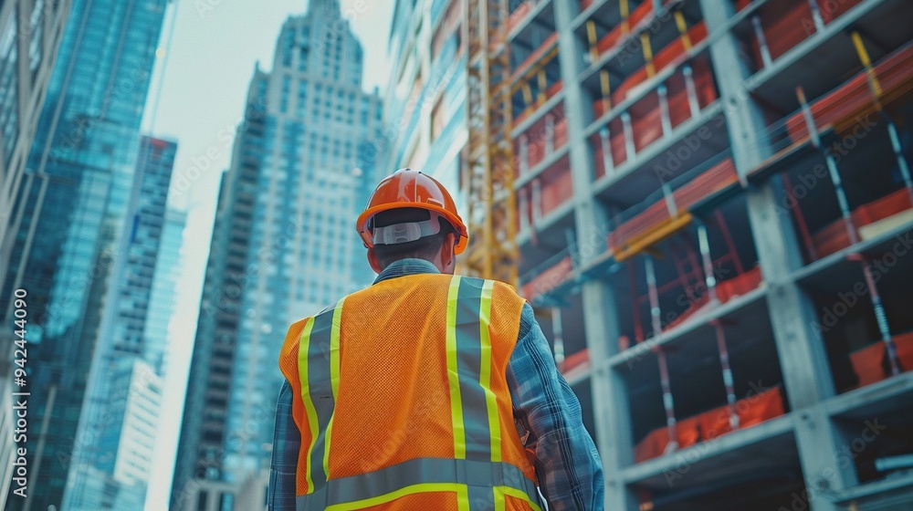Construction Worker Standing In Front Of City Skyline Construction Worker Standing In Front Of City Skyline
