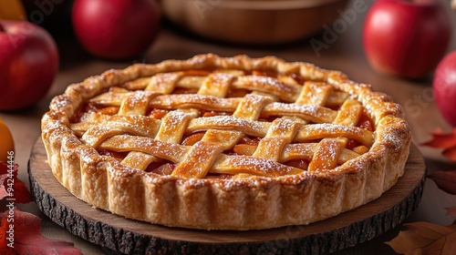 Apple pie decorated with lattice overhead shot, fall baking concept