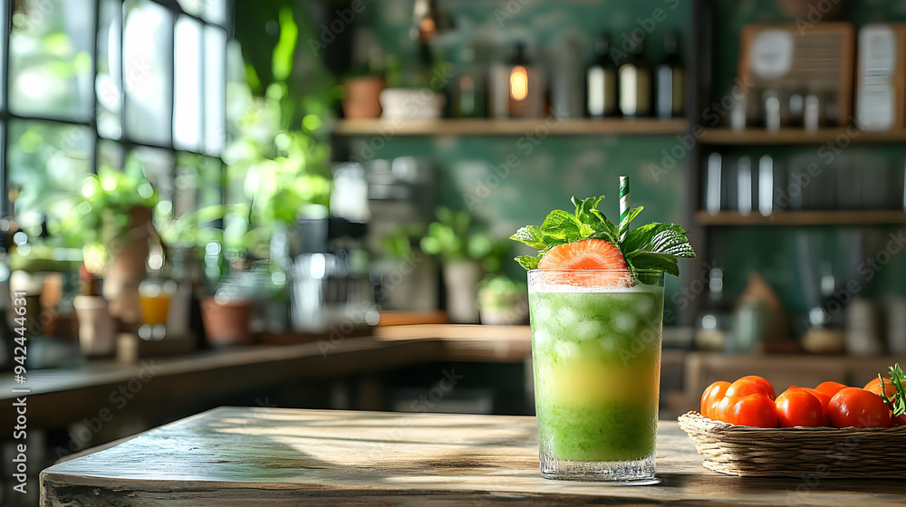 A glass of green smoothie with a straw and mint garnish on a wooden counter with tomatoes in a woven basket. A glass of green smoothie with a straw and mint garnish on a wooden counter with tomatoes in a woven basket.