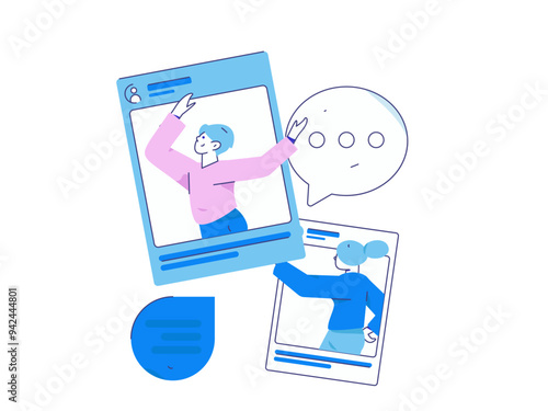 Virtual characters social communication concept business flat vector hand drawn illustration
