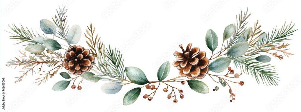 Watercolor frame featuring winter foliage and green leaves Delicate wreath adorned with pine cones fir eucalyptus berries and mistletoe Stylish design for invitations business cards and promotiona Watercolor frame featuring winter foliage and green leaves Delicate wreath adorned with pine cones fir eucalyptus berries and mistletoe Stylish design for invitations business cards and promotiona